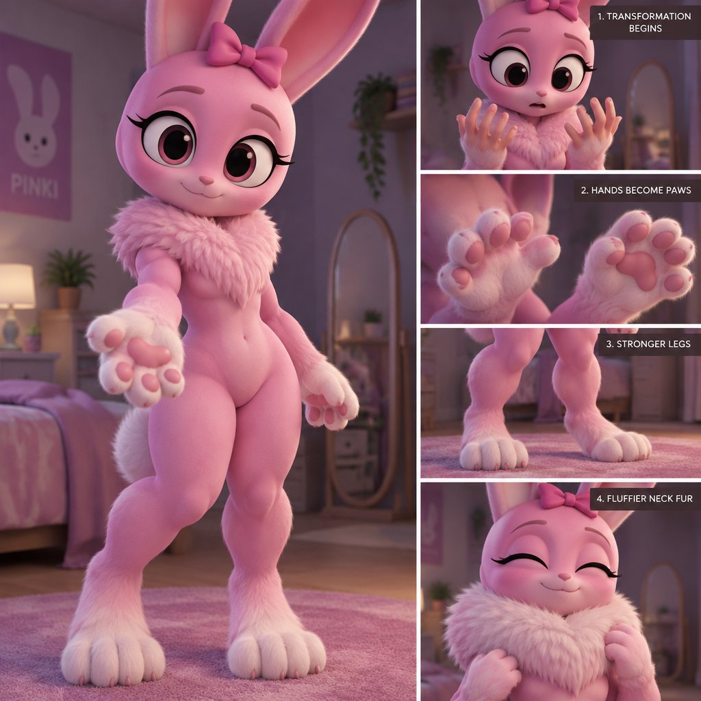 Pinki from Sprunki as her kind Wererabbit self noticing that her feet are turning into Wererabbit paws with her hands following suit and her legs are getting stronger like her body and the fluff on her neck is getting more fluffier