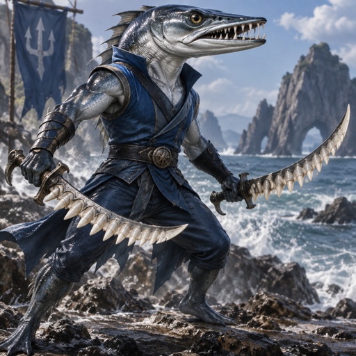 His is a barracuda fish, turned into a superhero, he has double blade barracuda sharp teeth swords in both hands. 