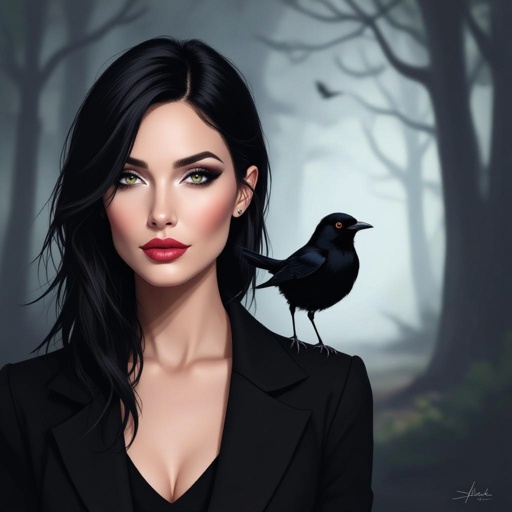 Show character head to toe. Create a mid age mysterious woman jet-black hair is cut sharpand her eyes seem to pierce through darkness. A shadowy aura clings to her form,
