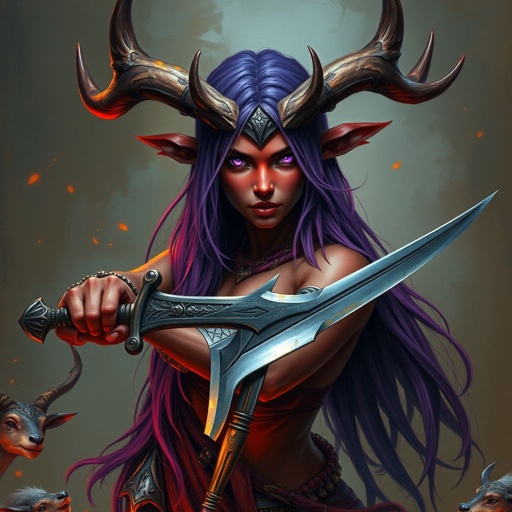 Bruja tiefling nivel 3 y druida 2 su color de piel es carmesi y tiene seis ojos como araña de xolor morado tiene su pelo lizo y morado mide 1.47cm y pesa 77kg . Lleva consigo una Scimitar y tiene poderes de fuego . Tiwne dos pares de cuernos , los primeros son de demonio y los otros dos son de ciervo , tiene patas de cordero en ves de las de humano