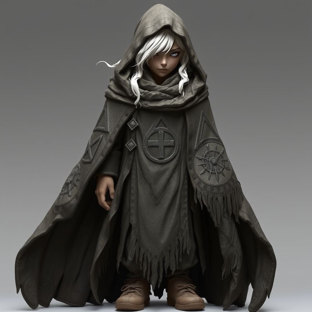 Create old character: The Silver-Eyed Wanderer – A tall, long beard hooded androgynous figure with hair that white. piercing silver eyes seem to see both past and present at once. a long, tattered cloak covered in stitched symbols from lands unknown. Show her whole body head to toe including her shoes.