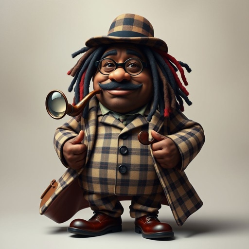 Create a funny fat character similar to Sherlock Holmes, but make him of black decent and with dread locks. Show his whole outfit including his shoes.