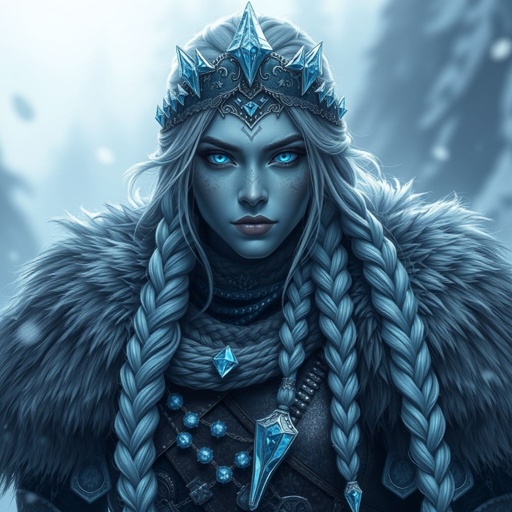 Create a character : A tall, battle-hardened woman with icy-blue skin. Her long silver hair flows in braids tipped with frozen beads. She wears heavy, fur-lined armor made from the hides of snow beasts. Her eyes glow faint blue. A frost-shaped crown rests lightly on her head. Please show whole character not just waste up. 