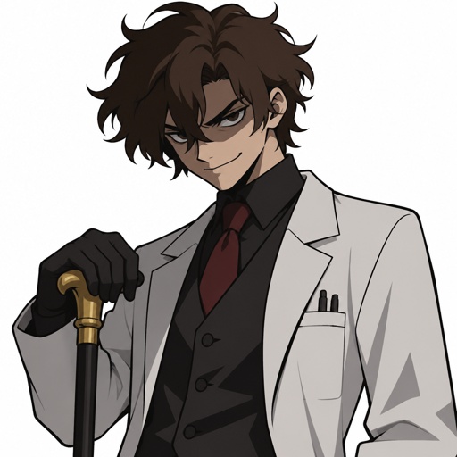 Male,young scientists,lots of bushy messy very dark brown hair part sticking up on the sides is also drooping down in the middle of his forehead linger strands of hair over his ears,shad,evil smirk,has a cane