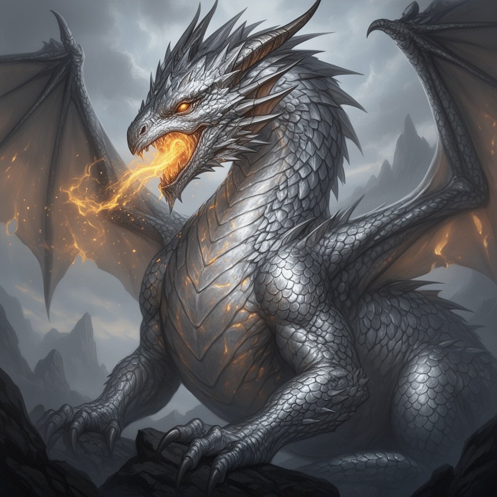 Silver dragon. Wyvern. Molten bronze eyed.
