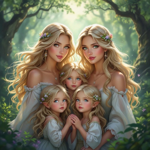 Twin women’s with blond hair and their two sets of twin children 