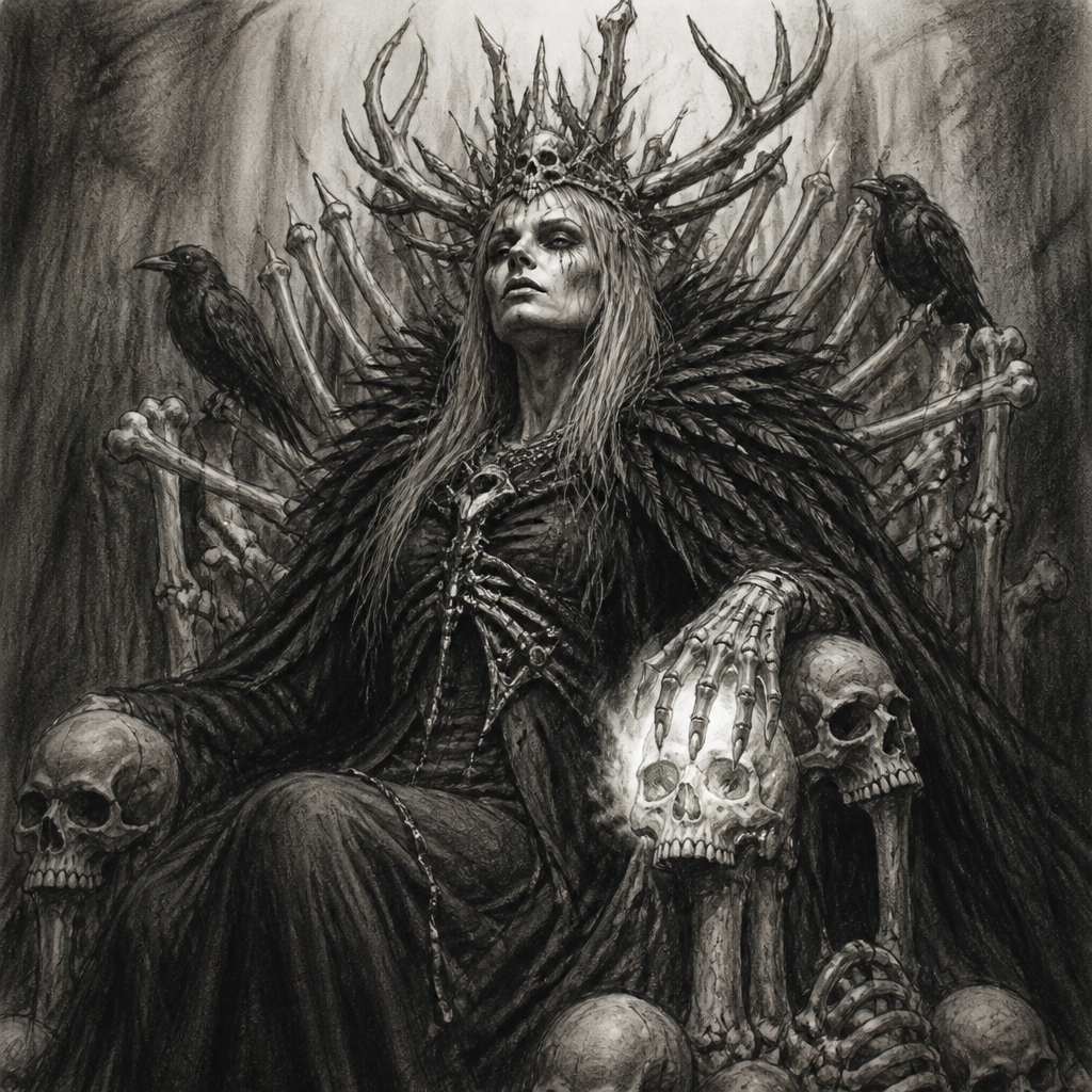 An imposing death-queen on bone throne, crow-feather cloak, crown of antlers, pale gaunt face, skeletal hand resting on a glowing skull
