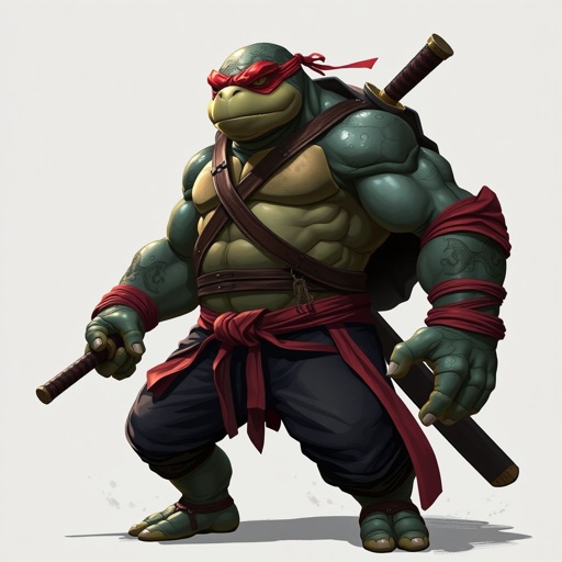 Tall powerful turtle ninja, with many battle scars, a long katana strapped to his shell, black pants with a red belt