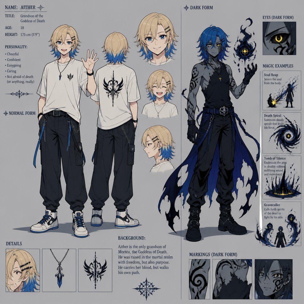 Anime male grandsons of the goddess of death,very excited boy with blonde hair and died blue tips hair styled with being up to neck length and one side having hair clips and his top hair is more bushed nice up his other side of hair being loosed with no hair clips and blue eyes casual clothes has the power of death and always looks at the good things in life When a friend or family member gets really extremely harm to possibly no return his dark side will come out his skin become gray his hair becomes full blue his tips a more dark blue his eyes become a bright shining yellow no pupils his sclera becomes black his powers become extremely strong very dangerous to be near him when he unleashes his full powers he will also have black swirls around him when this happens