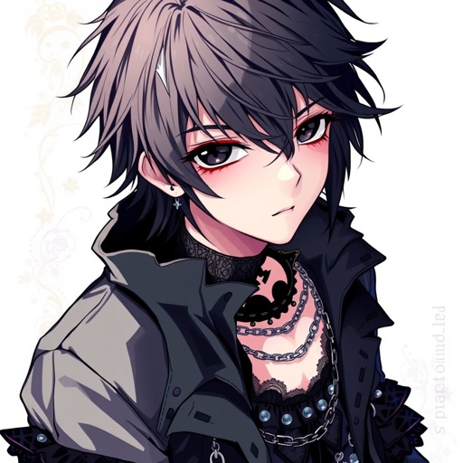 Create a teenage goth boy who has black hair, black eyes, pale skin and his attire is black.