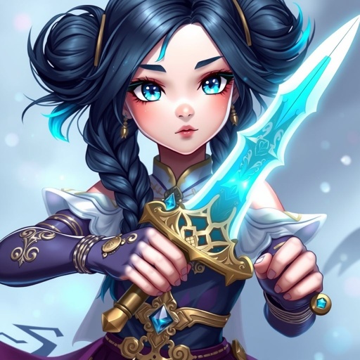 A young female with fair skin and vibrant aqua eyes. Black hair with cyan tips in the form of two braids. Wearing a royal goddess two piece outfit holding a small but legendary sword