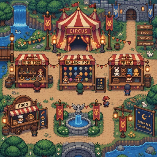 Cozy circus game booths for a modern fantasy game, exterior, top down style