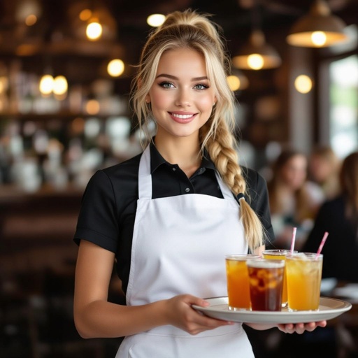A blonde girl with big boobs as a waitress