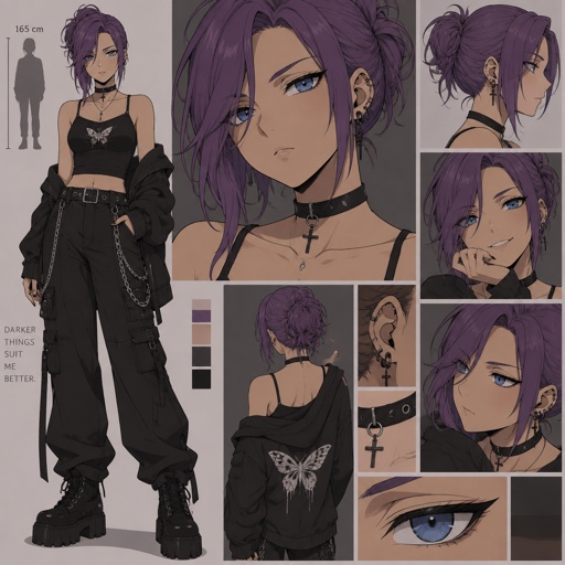 Female,medium hight ,pale,tan,blue eyes,vivid purple hair in a messy bun her front hair is swooped down in her right side,goth look