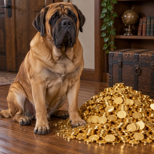 English Mastiff Dog, Brown Fur, Black Furs, Red Furs, Gold Coins