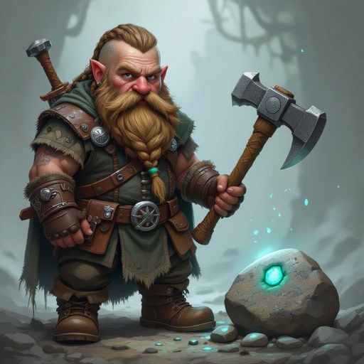 Create a stocky dwarf with a weathered face, braided beard tucked into his belt, and straw-tousled hair. Wears a soot-stained cloak over a leather smith’s vest, tool belt with hammer and chisels, heavy boots. Subtle turquoise rune glow from a pebble at his neck,