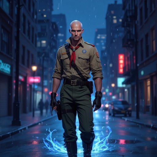 Męzczyzna przeciętny pod każdym względem. Ciemne oczy. Łysy. 
Ubrany w mundur harcerski
