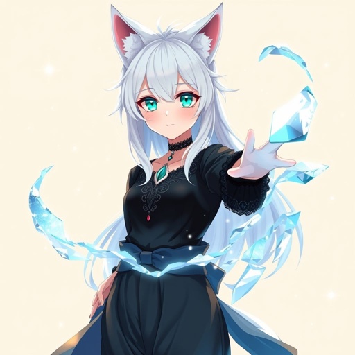 A pale teenage girl. Hair as white as snow with cyan tips, emerald eyes and small fox ears wearing mystic royal black top and trousers conducting ice (Russian themed)
