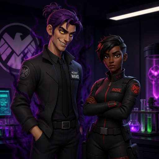 Anime style, Agent Ward a male, made in a secret lab to be best weapon and good at everything, highly skilled,be kept in check and have an emergency backup in case he gets out of control, Wards hair a messy bun hair color violet, is clean shaven, yellow night vision eyes, sharp teeth,has a dark power energy from experiments,best agent, in late 20s, tired, tall, eyes sensitive to light, easily migraines, likes making jokes, mischievous and dangerous,grins, hates being told what to do, intimidating, laugh like a maniac cares about his partner ruby rose she's dark skin serious plays by the rules and firm but nice to ward them standing together ruby arguing to wards “stop being so intimidating you’re going to give are suspect a hart attack!” Ward says “what I’m just making the job go faster he’s fun and was very helpful “ he proceeds to laugh ruby says under her breath “this isn’t funny” as a comic 