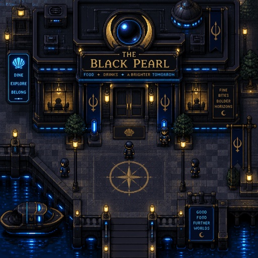 Restaurant called the black pearl for a fantasy game set in futuristic times city, exterior, top down style, shading and highlights