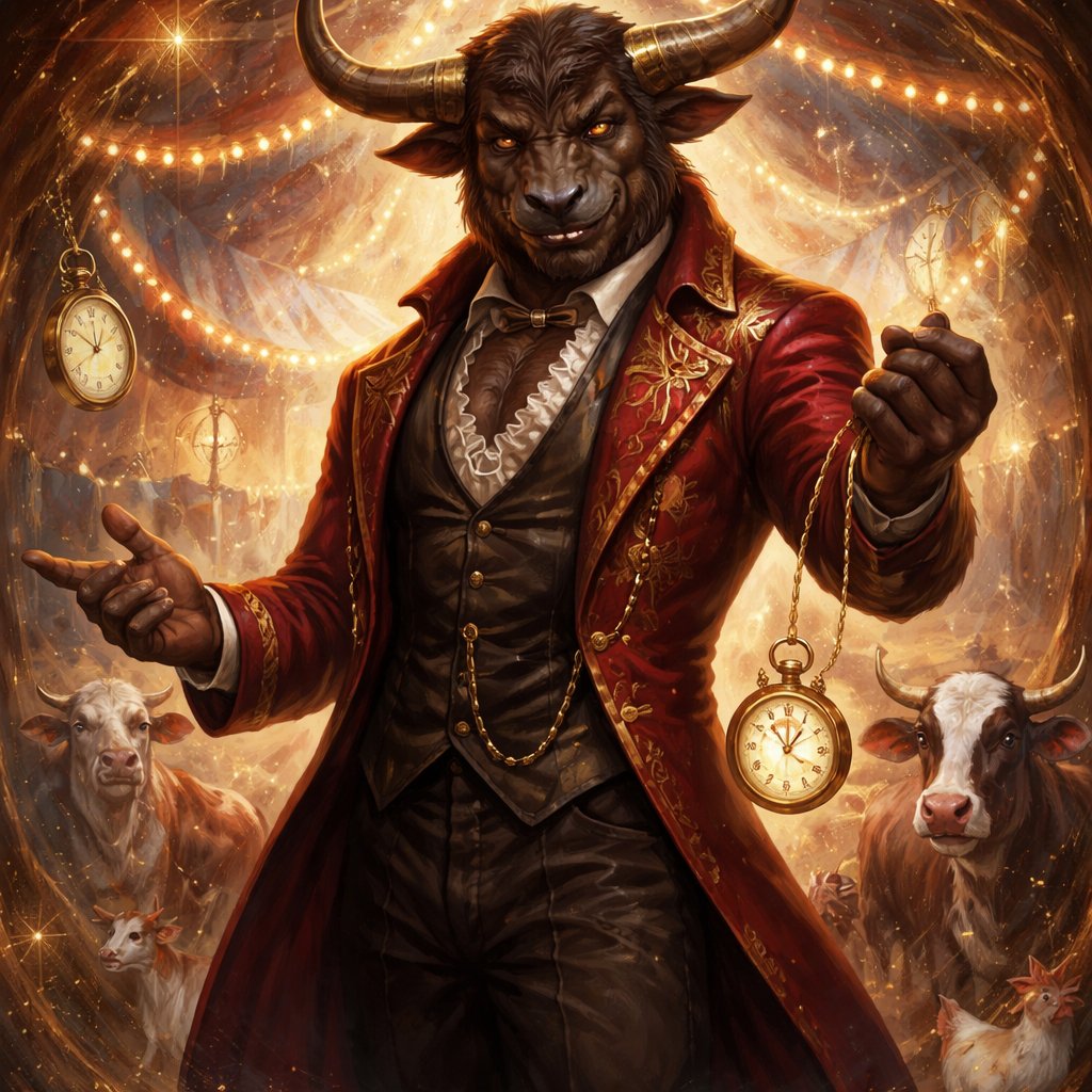 A male medium brown Minotaur with brown eyes that has a well~proportioned figure that works at freak show as the ringmaster. That has abilities of Reality Rejection, Time Manipulation (Chronokineses), Zoolingualism (Language of Cattle only), Human Speech. He’s basically a hybrid with his mother being a human with half-animal (Cretan bull) physiology and his father a Cretan Bull.