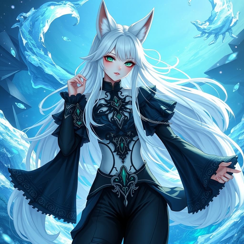 A teenage girl with pale skin and emerald eyes wearing black royal top and trousers with long white hair and small fox ears conducting ice in the depths of the ocean