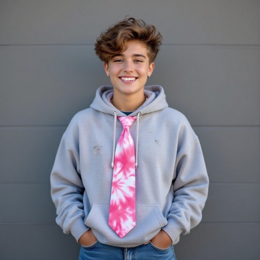 Eccentric non binary 18 year old In jeans a Hoodie and pink tie die t shirt