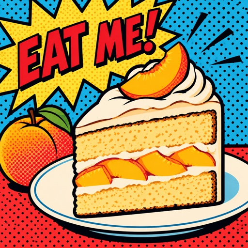 Slice of vanilla peach cake with a sign that says eat me 