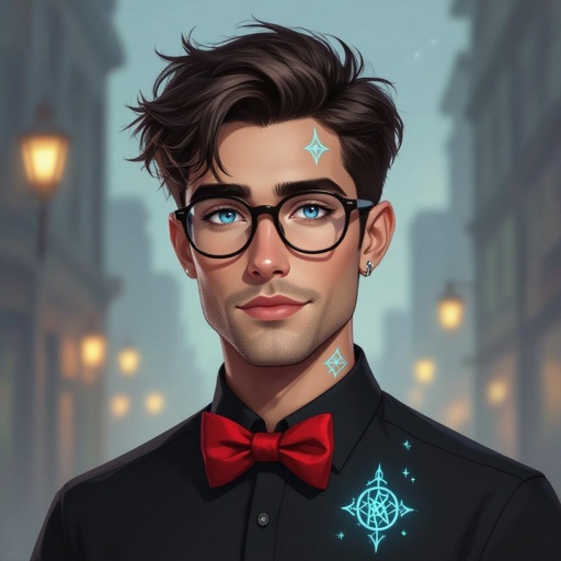 Mężczyzna o krótkich, ciemnobrązowych, włosach. bez zarostu.  niebieskie oczy. Ubrany w czarną koszulę z czerwoną muszką. Duże okulary z szerokimi oprawkami.  Bez Kolczyków. Podłużna twarz. Wysokie czoło, wąskie usta 