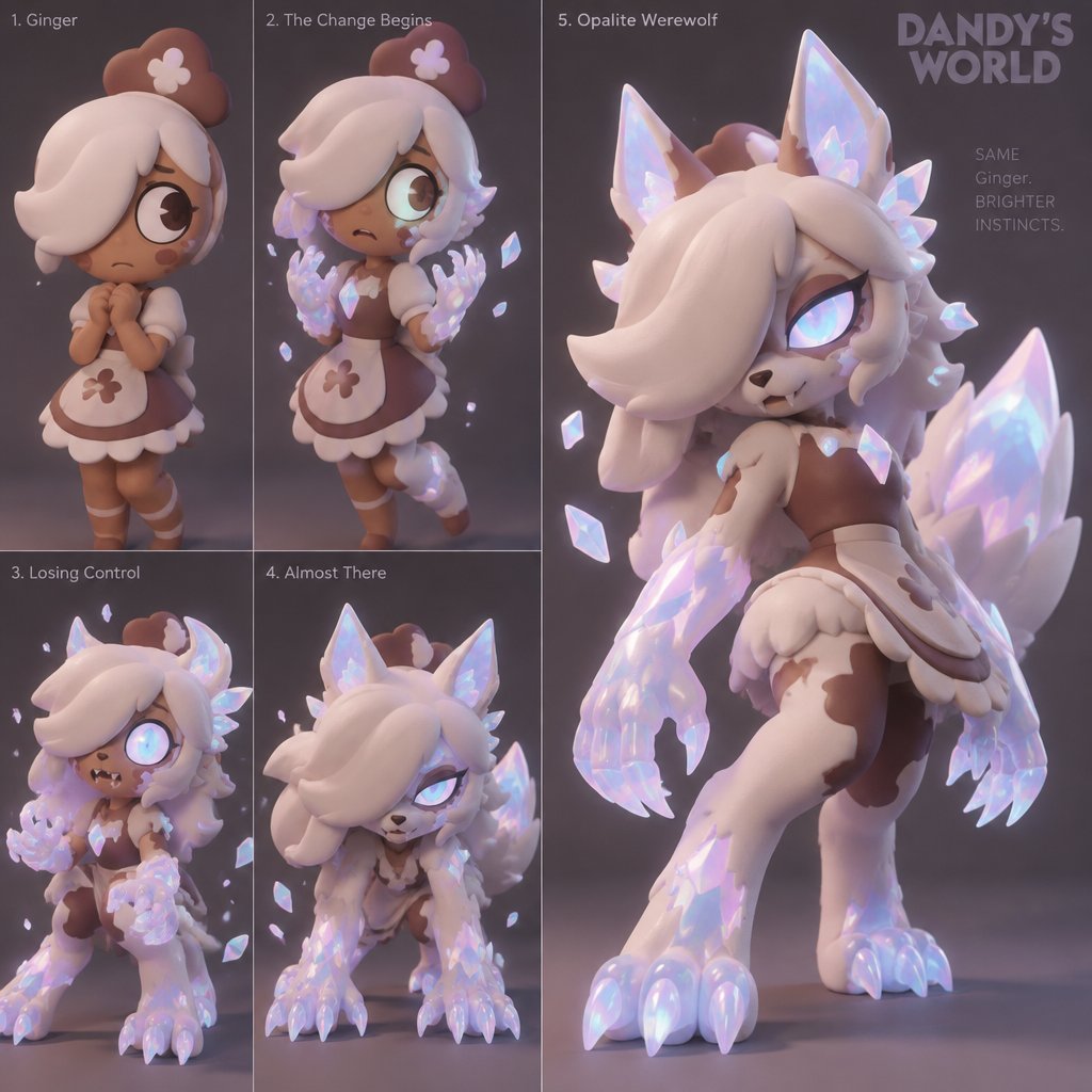 Ginger from Dandy’s world turning into a Opalite Werewolf