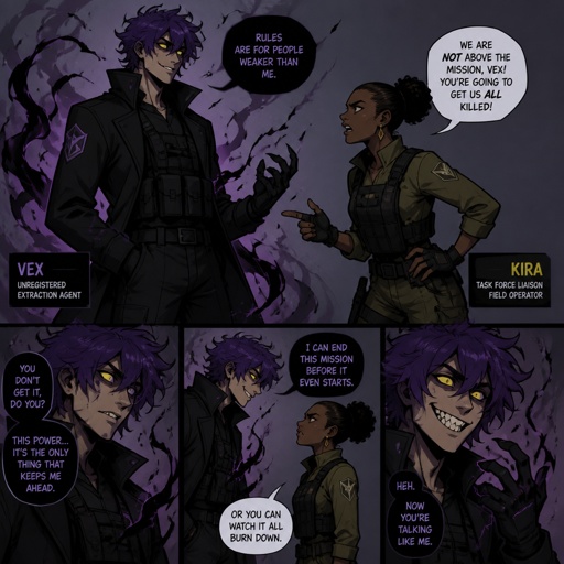 Anime style, Agent Ward a male, made in a secret lab to be best weapon and good at everything, highly skilled, be kept in check, emergency backup case he gets out of control, his hair messy bun color violet, clean shaven, yellow night vision eyes, sharp teeth, dark power energy from experiment, tired, tall, eyes sensitive to light, dangerous, intimidating, laugh like a maniac, cares about partner ruby rose she's dark skin serious plays by rules firm,them standing together ruby arguing to wards "stop being intimidating you're going to our suspect a hart attack!" Ward says "job goes faster" starts giggling, ruby warn ward " if you can't take this seriously I'll have to have you go in your room" ward sad expression says"i don't want that" ruby "ok let's do this I have somewhere to be " as a comic