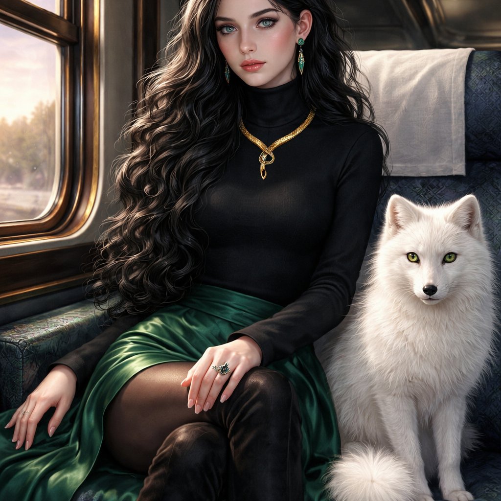 Sitting in a train compartment. A teenager girl sitting with long black hair and grey eyes. Her hair is set in soft waves resting just above her but. Her eyes are storm grey. She is wearing a black long sleeve turtleneck and a satin Green skirt that ends mid thigh. black tights and black thigh high boots. She has a small golden necklace of a snake and a silver ring with a b on the top to the left of the b is a black diamond and to the right is an emerald. She has an arctic fox next her with bright green eyes. She has fare skin and she has emerald stud earrings in both ears you can see her full body and she is wearing a small diadem the diadem is black with emerald accents
