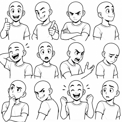 Different face expressions male half body drawing base, dynamic, bald, head face expressions different directions, no color