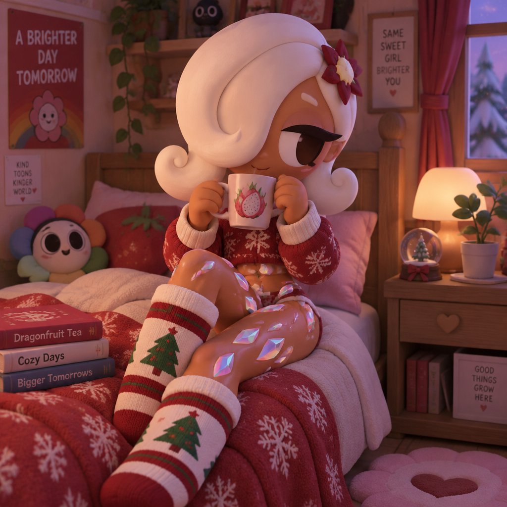 Ginger from Dandy’s world in her room letting her Opalite curse spread up her legs to her hips and waist and the tops of her Christmas socks with her drinking some dragonfruit tea aka her lover my dandy’s world oc and summer main Crafter the opalite shards favourite