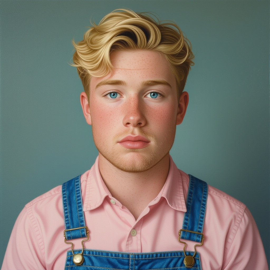 Japanese male no beard soft jaw 18-years old blonde hair blue eyes no bear wearing a light pink shirt with overalls has a bit of chubby cheeks looks a bit feminine and a bit frail no button shirt