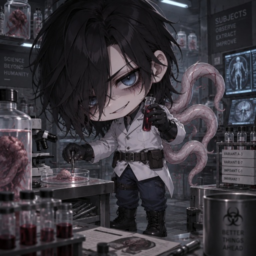 Male, black messy greasy hair, thin shoulder length hair in the back, long hair in the front covering one eye, blue eyes, eye bags, veins under eyes, pale tendrils coming out of back with veins, blue pants, boots, black rubber gloves, short scientist jacket buttoned up, belt with pouch, in a lab doing experiments, evil smile