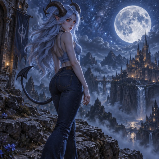 Demon girl, light Blue Long hair, red cat like eyes, light Blue top, dark blue Jeans, Demon Tail, Demon Horns, standing on a Cliff, Stars, Moon