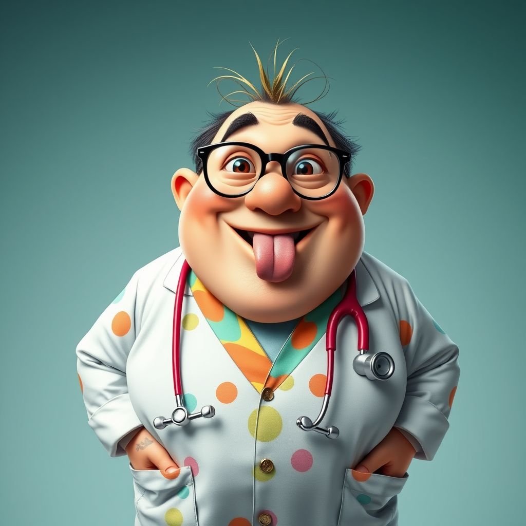 create a fat doctor. Who is funny human looking from head to toe. And he always immediately results to surgery for anything even small things. So please be sure to show his whole outfit head to toe. Make him have 1 tooth