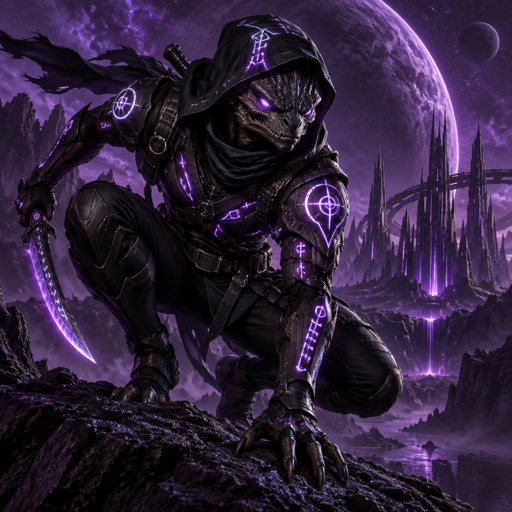 A alien beast in a futuristic black ninja Assassin space suite. On a dark purple planet background 