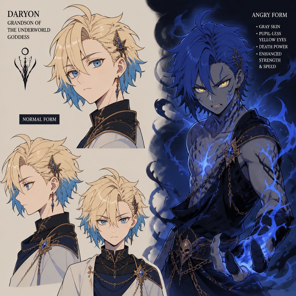 Anime male grandsons of the goddess of the underworld very excited boy with blonde hair and died blue tips hair styled with being up to neck length and one side having hair clips and his top hair is more bushed up his other side of hair being loosed with no hair clips and blue eyes has the power of death and always looks at the good things in life When he gets very angry and emotional usually from that of harm or death to family and friends his dark side will come out and his skin will become gray his hair becomes full blue and his tips a slight darker blue his eyes become a bright yellow with no pupils his powers become extremely strong very dangerous to be near him during this