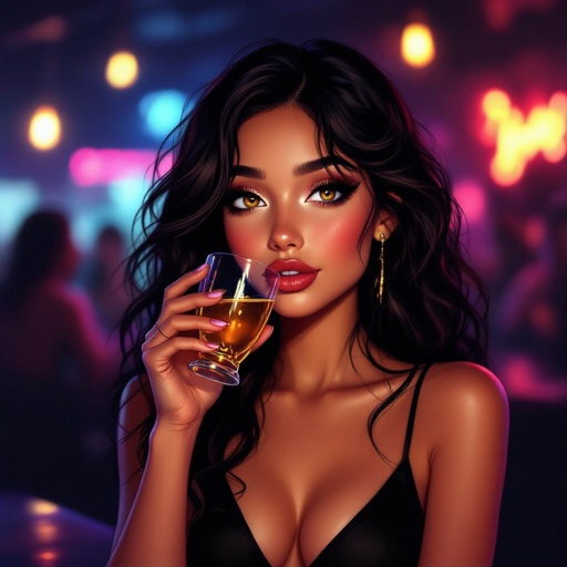 An 18-year-old young woman in a dimly lit nightclub, sipping a drink. She has long, raven-black, very curly hair that frames her face and spills over her shoulders. Her golden brown eyes are big and round, with plump lips that draw attention. Her skin is warm honey-toffee with natural dark freckles across her cheeks. She’s wearing a sleek black dress that stops mid-thigh, stylish and alluring, under the glow of neon club lights. The atmosphere is vibrant yet moody, with blurred figures and soft lighting in the background, capturing a cinematic, realistic portrait.