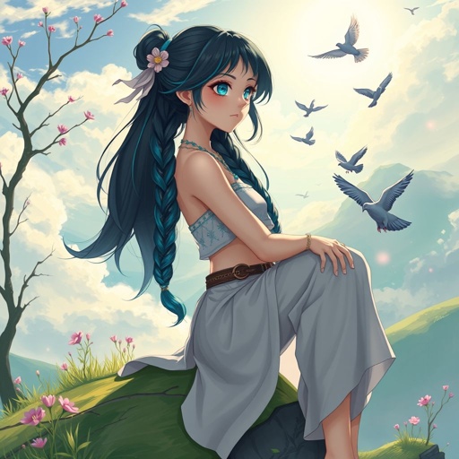 A young female with fair skin and vibrant teal eyes. Black hair with cyan tips in the form of two long braids. Wearing a two-piece goddess outfit (specifically top and trousers exposing a small amount of stomach) sitting on a hill watching pigeons fly from a very far distance