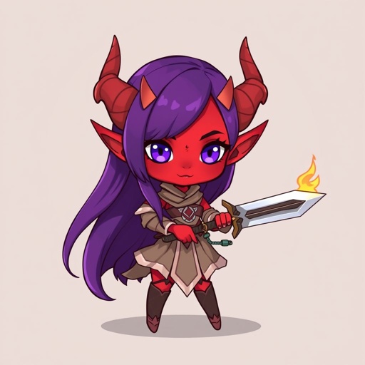 Bruja tiefling nivel 3 y druida 2 su color de piel es carmesi y tiene seis ojos como araña de xolor morado tiene su pelo lizo y morado mide 1.47cm y pesa 77kg . Lleva consigo una Scimitar y tiene poderes de fuego . Tiwne dos pares de cuernos , los primeros son de demonio y los otros dos son de ciervo , tiene patas de cordero en ves de las de humano