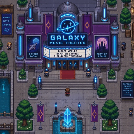 Movie theater full building for a futuristic fantasy city game, exterior, top down style