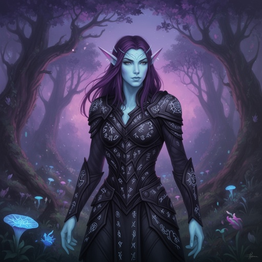 light blue skin elf with dark purple hair and black armor