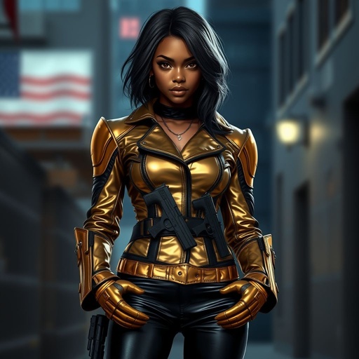 A teenage African American female with shoulder length hair  in a side part style wearing an armored gold leather jacket with black accents black leather pants and gold boots with a gun belt and two guns on her hips GOTHIC