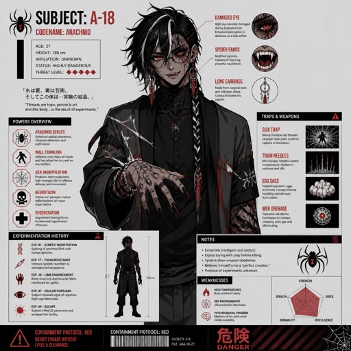 Anime male,hair messy long braided black hair with white stripes,clean shaven,highly skilled,in late 20s,migraines,sarcastic,red glowing eyes,one eye is severely damaged,serious face,been experiment on for many years until finally found and rescued ,has power of a spider and control spiders make traps poison and crawl on walls and ceiling dangerous,glasses,wears a loose jacket a nice fully covered shirt ,loves spiders, nice big earrings,tattoos on arms that means arachnid and on left arm tattoo that says sub 389,helps people but on his terms,doesn't remember anything from his past except the experiments, long scary fingers, spider fangs, traumatized,special agency is keeping an eye on him 