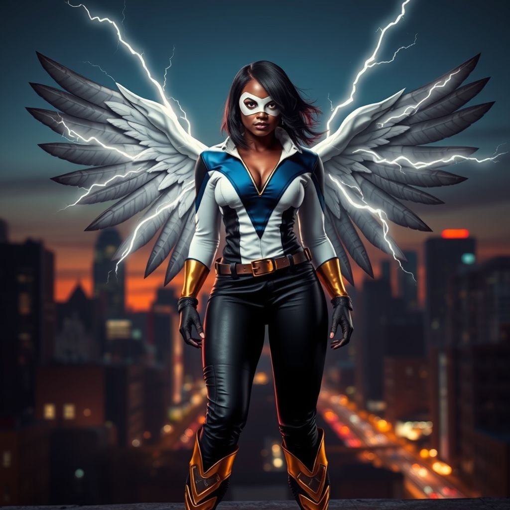 African American female superhero with shoulder length hair in a side part style and wings made of white lightning wearing a domino mask wearing a slightly homemade white blue and black suit with black pants with a stylized V as her chest emblem wearing blue flat boots made of gold standing in Philadelphia at dusk