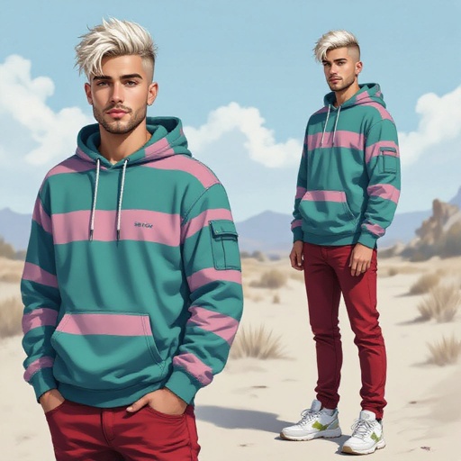 A 19 Year Old Man in Red Skinny Jeans Teal and Pink Striped Tactical Hoodie with Platinum Blonde Hair and an Undercut. White Hiking Shoes