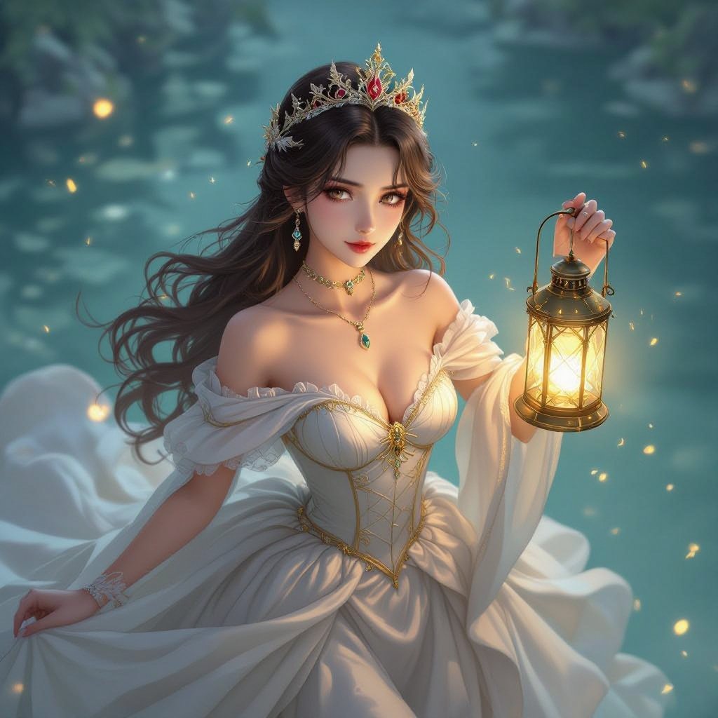 top view, battle map view, aerial view, woman, fancy dress, crown, holding a lantern